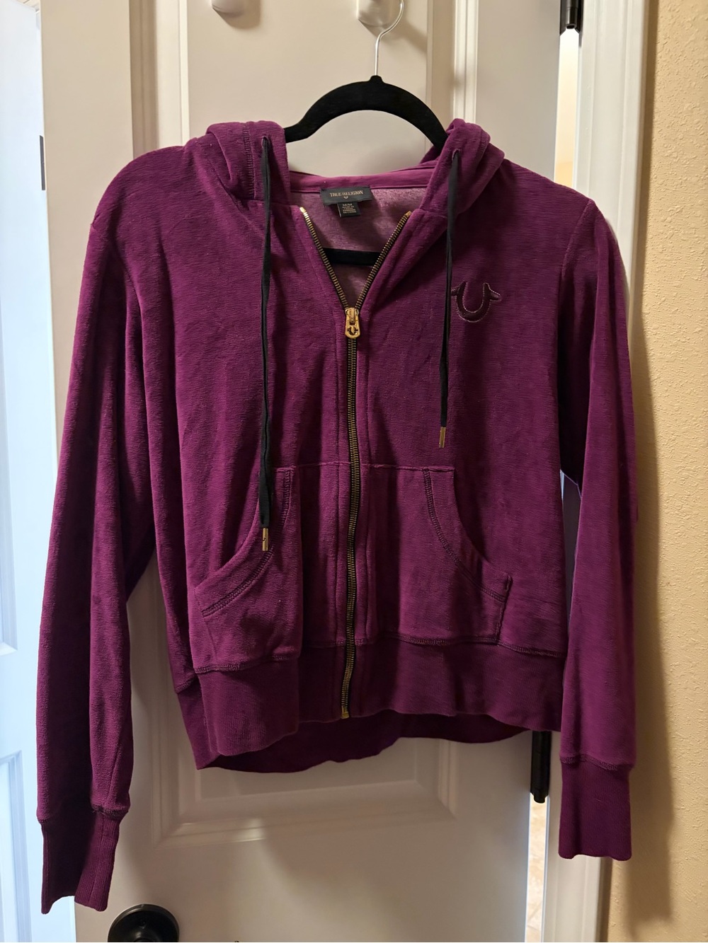 True Religion Plum Velour Zip Hoodie with Gold Accents